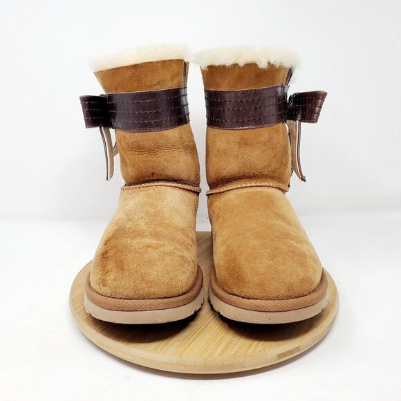 UGG Josette Boots Womens 5 Chestnut Brown Suede Shearling Bow Trim - Picture 3 of 14